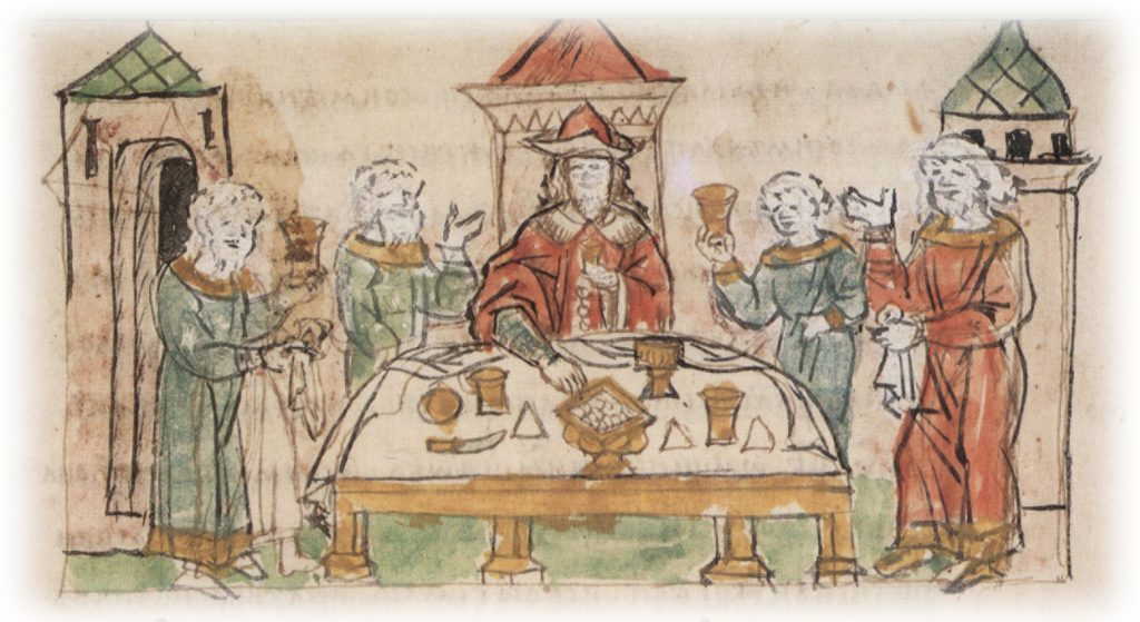 Rycina - 5 osób stojących przy zastawionym stole